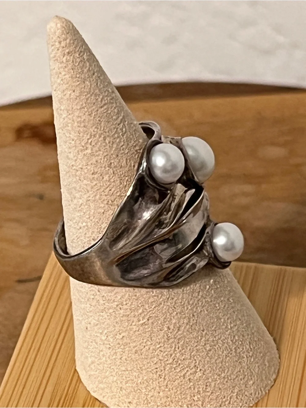 Hagit Gorali Israel 925 Sterling Silver Pearl Wide Band Vines Ring Size 10